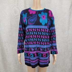 Cape Cod Vintage 80s Black Purple Teal  Floral Paisley Patterned Knit Sweater